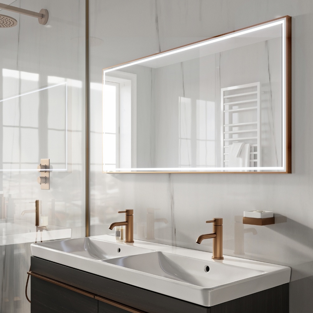 Product Lifestyle image of the Abacus Line Brushed Bronze Framed 1200mm x 600mm LED Mirror